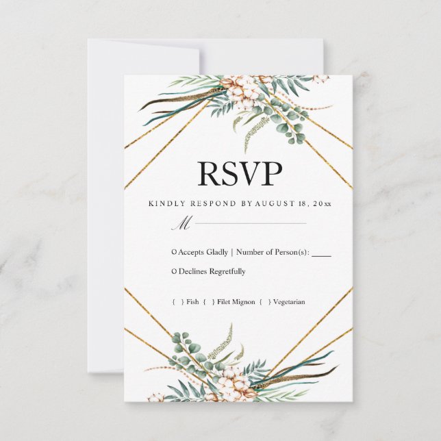 Greenery Cotton Boho Glitzer Wedding RSVP Karte (Vorderseite)