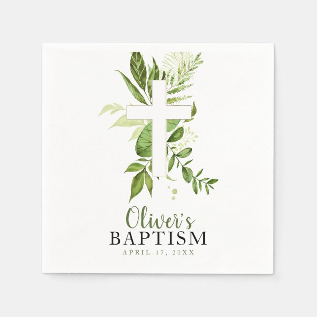 Greenery Cross Boy Baptism Serviette (Vorderseite)