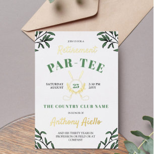 Greenery Crossed Golf Clubs Retirement Party Folieneinladung