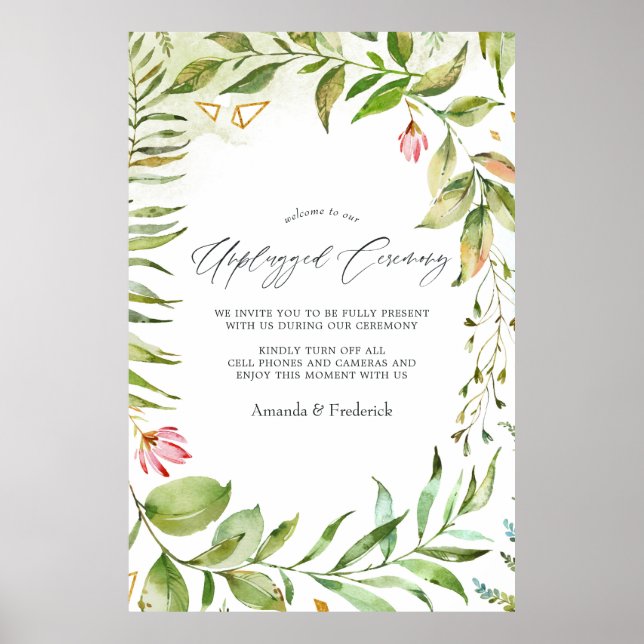 Greenery Crystal Wedding Unplugged Zeremonie Poster (Vorne)