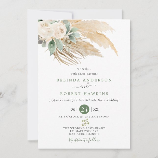 Greenery Desert Boho Rose Pampas Grass Wedding Einladung (Vorderseite)