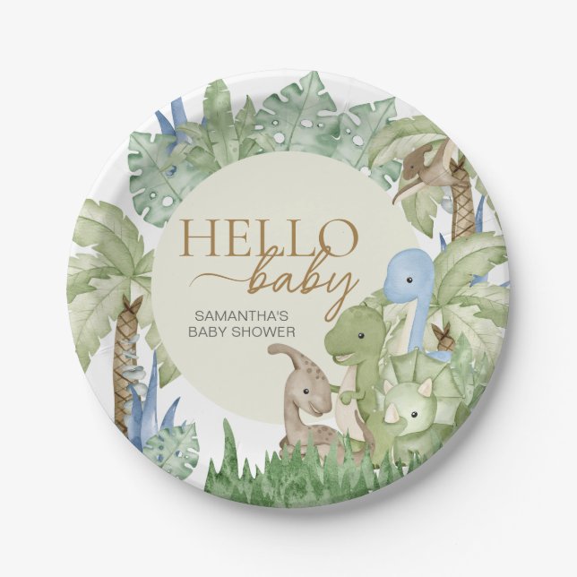 Greenery Dinosaur Babydusche Pappteller (Vorderseite)