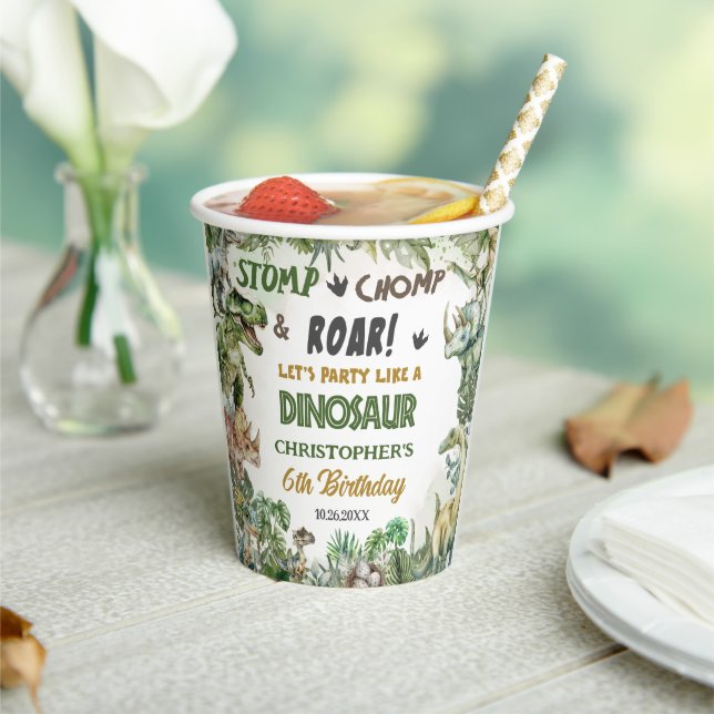 Greenery Dinosaurs Jurassic Boy Birthday Party Pappbecher (In Situ)