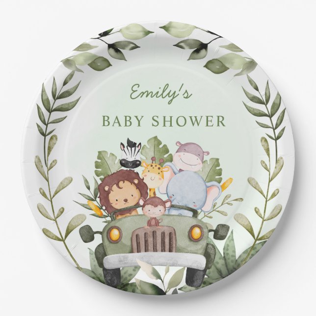 Greenery Dschungle Safari Wild Animals Baby Dusche Pappteller (Vorderseite)