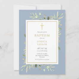 Greenery Dusty Blue Baptism Christening QR Code Einladung