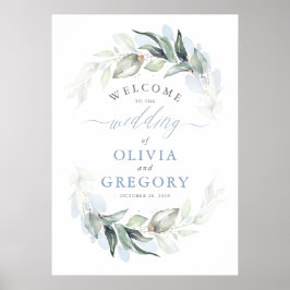 Greenery Dusty Blue Elegante Wedding Willkommen Poster