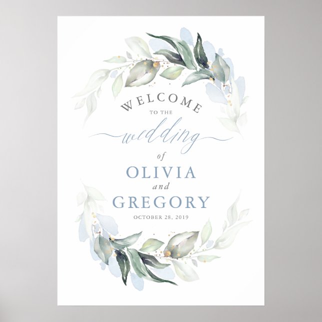 Greenery Dusty Blue Elegante Wedding Willkommen Poster (Vorne)