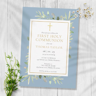 Greenery Dusty Blue First Holy Communion Einladung