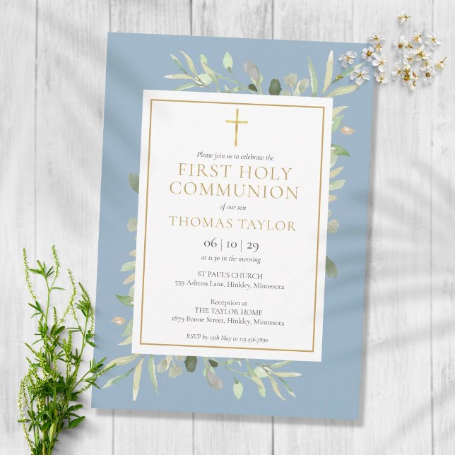 Greenery Dusty Blue First Holy Communion Einladung (Von Creator hochgeladen)