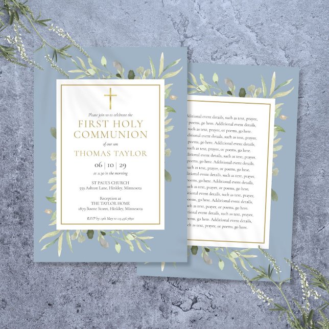 Greenery Dusty Blue First Holy Communion Einladung (Greenery Dusty Blue First Holy Communion Invitation)