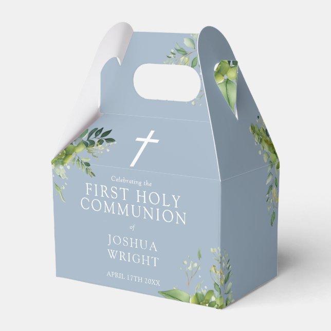 Greenery Dusty Blue First Holy Communion Geschenkschachtel (Rückseite)