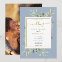 Greenery Dusty Blue Gold Script Foto Wedding