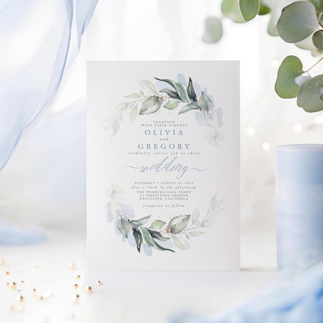 Greenery Dusty Blue Moderne Elegante Hochzeit Einladung (Dusty Blue Greenery Minimalist Wedding Invitations)