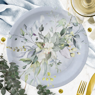 Greenery Dusty Blue Watercolor Brautparty Pappteller