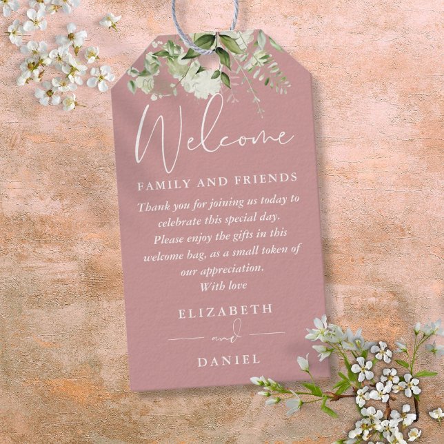 Greenery Dusty Rose Gefallen Willkommenskorbbeutel Geschenkanhänger (Greenery Dusty Rose Favor Welcome Basket Bag Gift Tags)