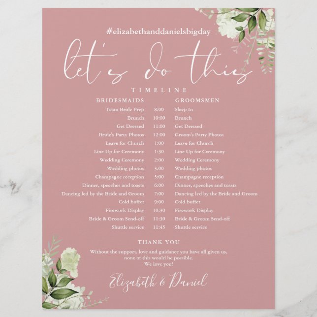 Greenery Dusty Rose Wedding Zeitplan Timeline (Vorderseite)