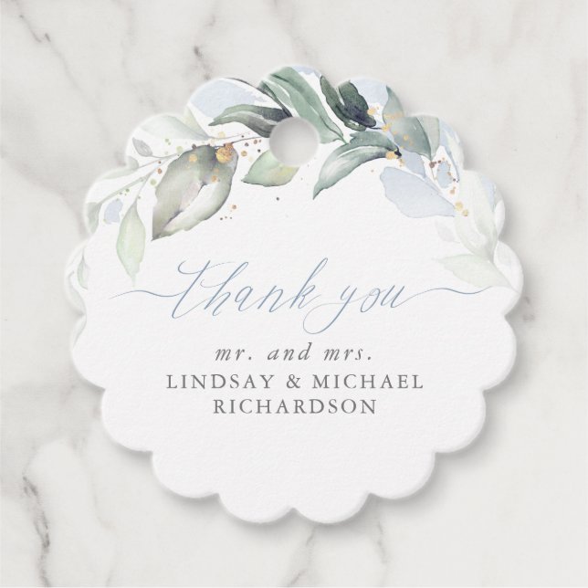 Greenery Elegant Dusty Blue Wedding Vielen Dank Geschenkanhänger (Vorderseite)