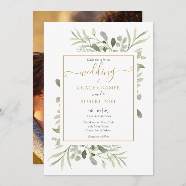 Greenery Elegant Gold Script Foto Wedding Einladung (Vorne/Hinten)