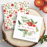 Greenery Elegant Merry Christmas Card Feiertagskarte<br><div class="desc">Elegante Grünen Fröhliche Weihnachtskarte. Diese hübsche,  quadratische Weihnachtskarte besticht durch elegante,  Aquarellfarben-rote Blume mit Holly-Beeren,  Pinecones und Grünpflanzen auf weißem Hintergrund. | Kalligraphie. Auf der Rückseite der Karte befindet sich ein passendes Muster. Finden Sie passende Artikel in der Holiday Red Winter Botanical Christmas Collection.</div>