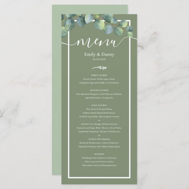 Greenery Elegant Sage Green Botanical Wedding Menu Menükarte (Vorne/Hinten)