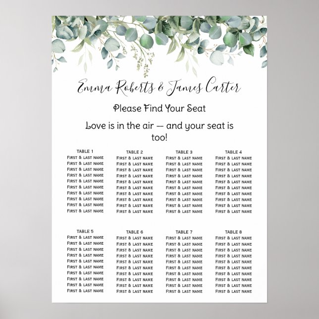 Greenery Elegant Wedding Seating Chart Poster (Vorne)