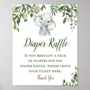 Greenery Elephant Diaper Raffle Sign Poster