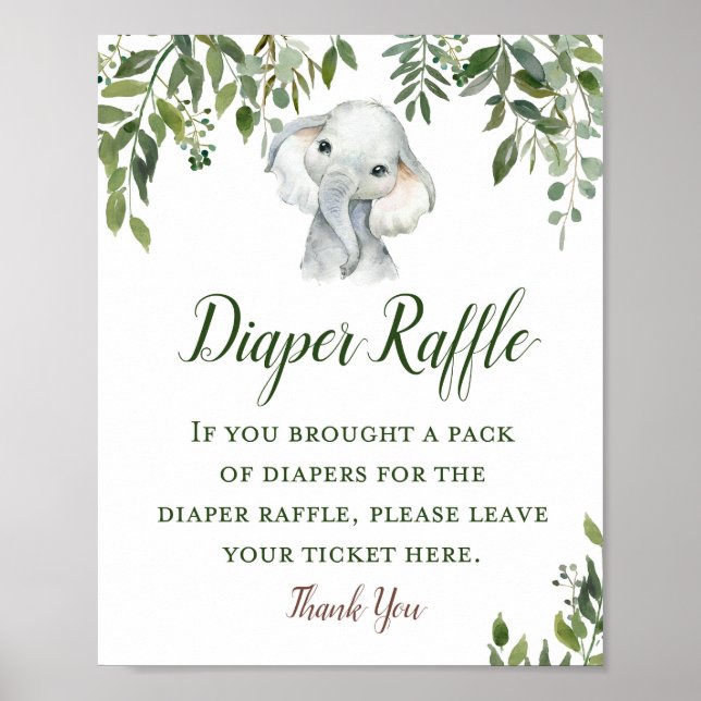 Greenery Elephant Diaper Raffle Sign Poster (Vorne)