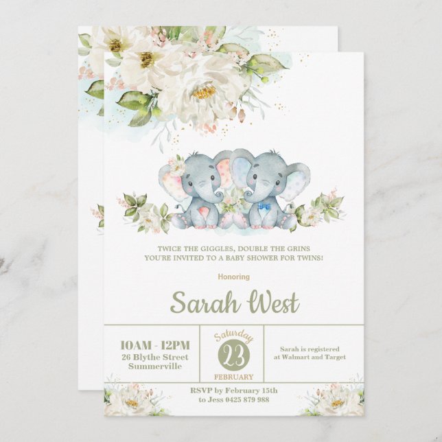 Greenery Elephant Twins Boy Girl Baby Shower Einladung (Vorne/Hinten)