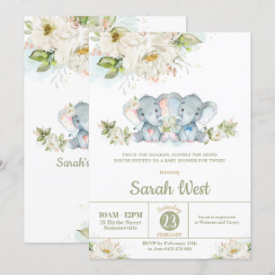 Greenery Elephant Twins Boy Girl Baby Shower Einladung