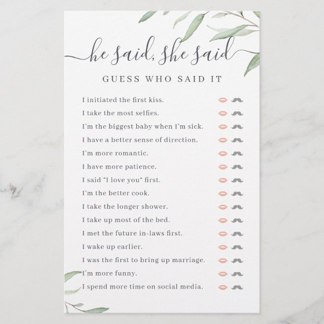 Greenery Er sagte, sie sagte Brautparty-Spiel (Vorderseite)