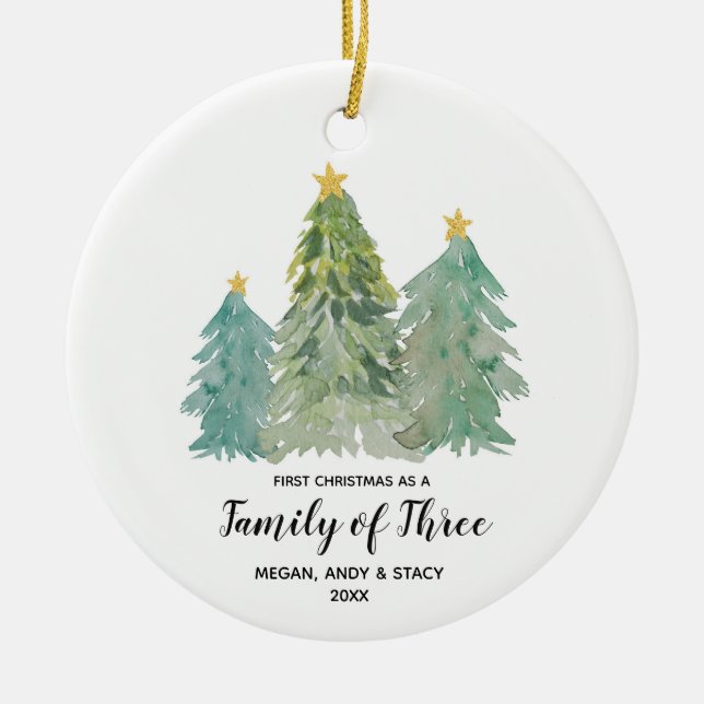 Greenery Erste Weihnacht als Familie von drei Keramik Ornament (Vorne)