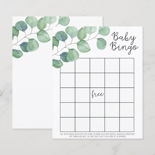 Greenery Eucalyptus - Baby Dusche Bingo Spiel (Vorne/Hinten)