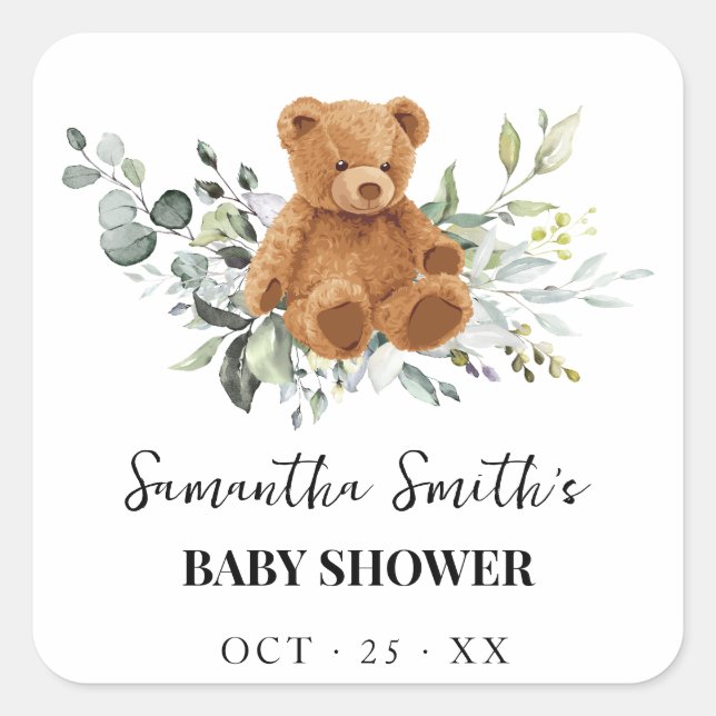 Greenery Eucalyptus Bear Baby Shower Quadratischer Aufkleber (Vorderseite)