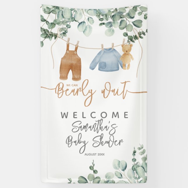 Greenery eucalyptus Bearly wait Baby Shower Welcom Banner (Vertikal)
