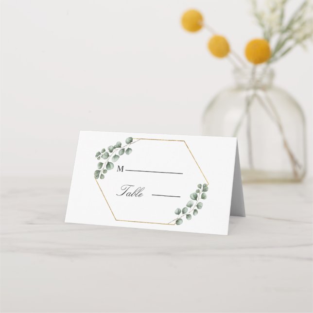 Greenery Eucalyptus Blätter Glitzer Frame Wedding Platzkarte (Vorderseite)