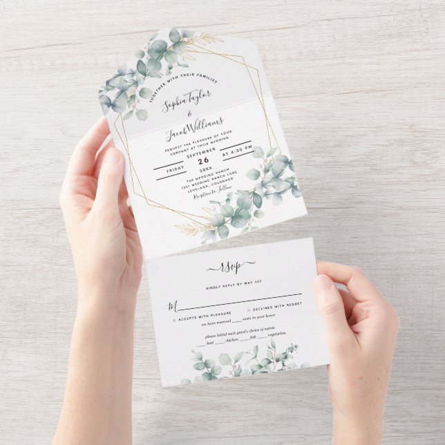 Greenery Eucalyptus Blätter Gold Geometric Wedding All In One Einladung (Abreißen)