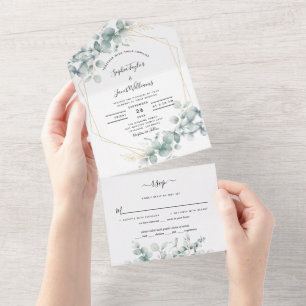 Greenery Eucalyptus Blätter Gold Geometric Wedding All In One Einladung