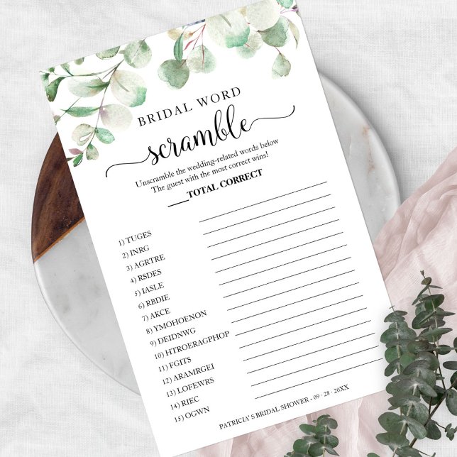Greenery Eucalyptus Bridal Word Scramble Game Flyer (Von Creator hochgeladen)