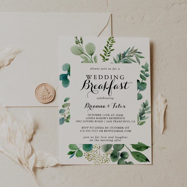 Greenery Eucalyptus Calligraphy Wedding Breakfast Einladung (Von Creator hochgeladen)