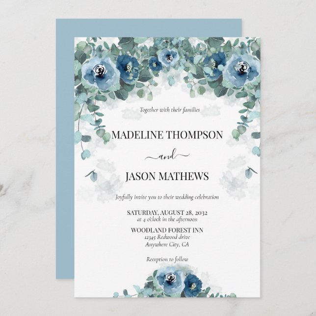 Greenery Eucalyptus Dusty blue Floral 2 Wedding Einladung (Vorne/Hinten)