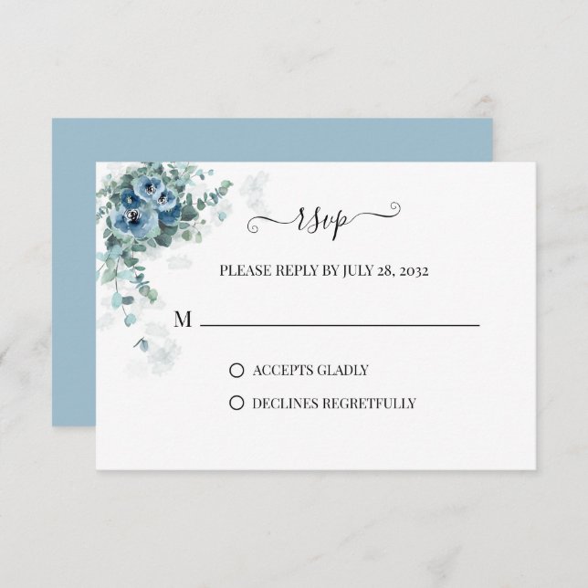 Greenery Eucalyptus Dusty blue Floral 2 Wedding RSVP Karte (Vorne/Hinten)