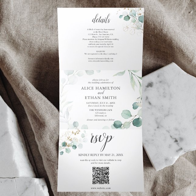 Greenery Eucalyptus Elegant QR Code Wedding Dreifach Gefaltete Einladung (Von Creator hochgeladen)