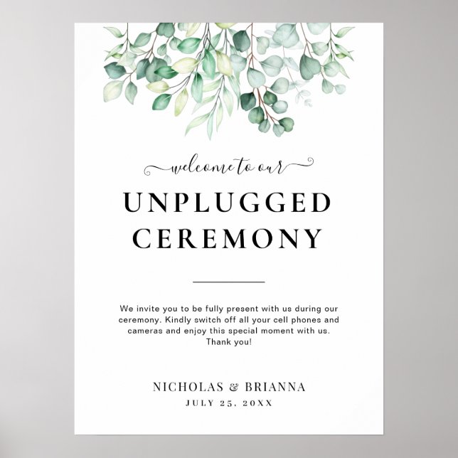 Greenery Eucalyptus Elegant Unplugged Wedding Sign Poster (Vorne)