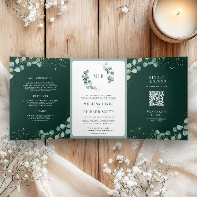 Greenery Eucalyptus Emerald Green QR Code Wedding Dreifach Gefaltete Einladung (Von Creator hochgeladen)