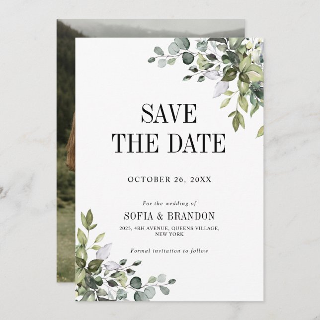Greenery Eucalyptus Emerald Rustic Wedding Foto Save The Date (Vorne/Hinten)