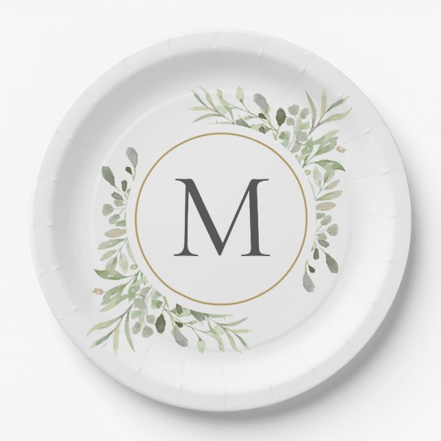 Greenery Eucalyptus Foliage Monogram Pappteller (Vorderseite)