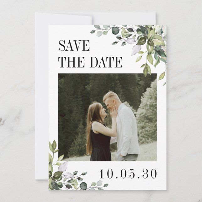 Greenery Eucalyptus Foto Wedding QR Code Back Save The Date (Vorderseite)
