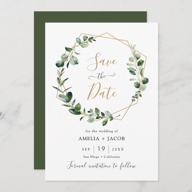 Greenery Eucalyptus Geometric Frame Save the Date Einladung (Vorne/Hinten)