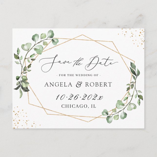 Greenery Eucalyptus Geometric Frame Save the Date Postkarte (Vorderseite)