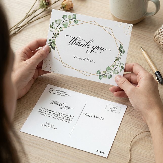 Greenery Eucalyptus Geometric Gold Frame Vielen Da Postkarte (Von Creator hochgeladen)